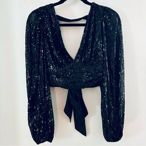 Windsor Black Sequin Plunge V-Neck Puff Sleeve Long Sleeve Blouse